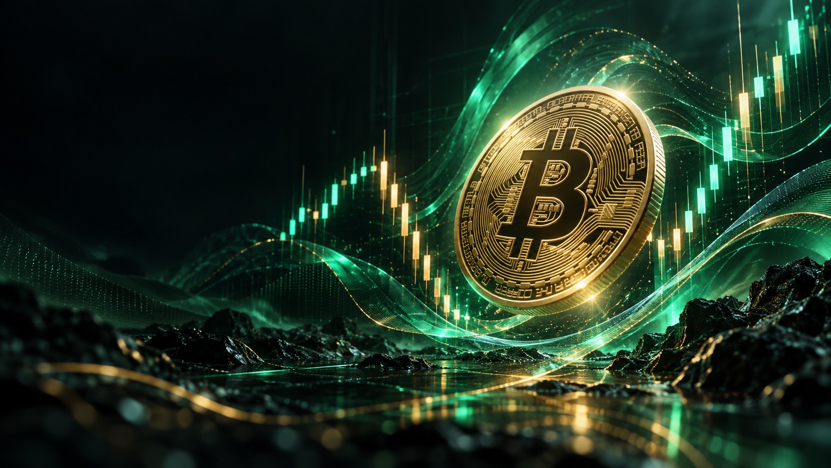 金色比特币与绿色上行 K 线的行情主题视觉